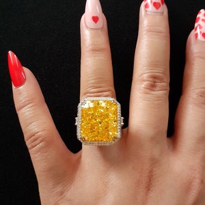 Huge 21 Carat Crushed Ice Radiant Cut Fancy Vivid Yellow Canary Simulated Diamond Cubic Zirconia  Accents Silver Famous Engagement Ring Sz 7