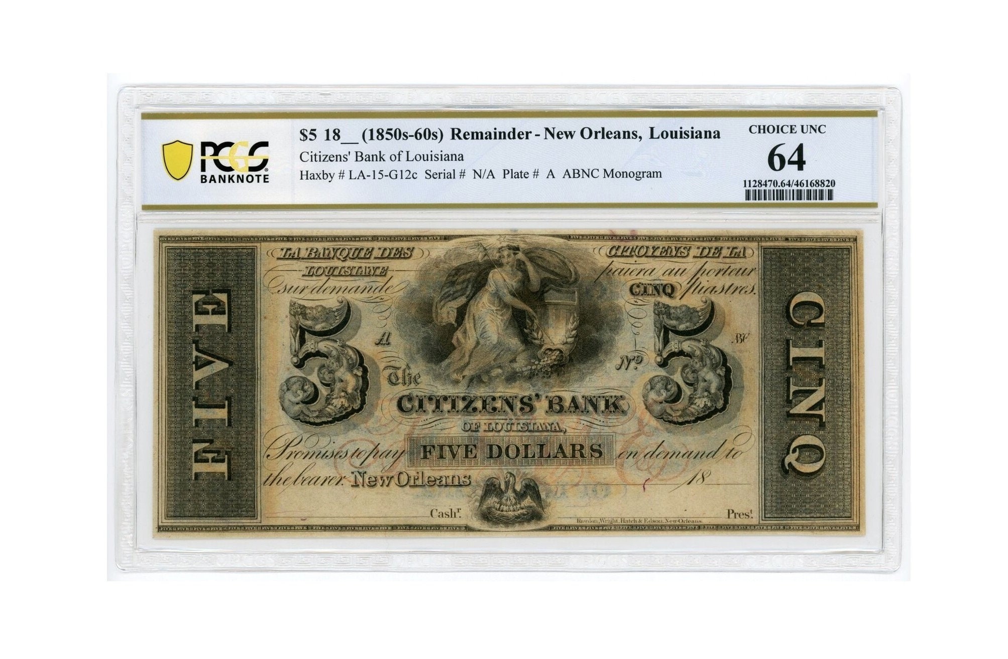 1850s 5 Five Dollar Bill PCGS 64 Citizens Bank of Louisiana New