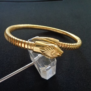 Vintage Yellow Gold Plated Metal Omega Chain Coil Serpent Snake Flexible Cuff Bangle Bracelet For Large Wrists 8&quot;L to 9.5&quot;L Reptile Jewelry