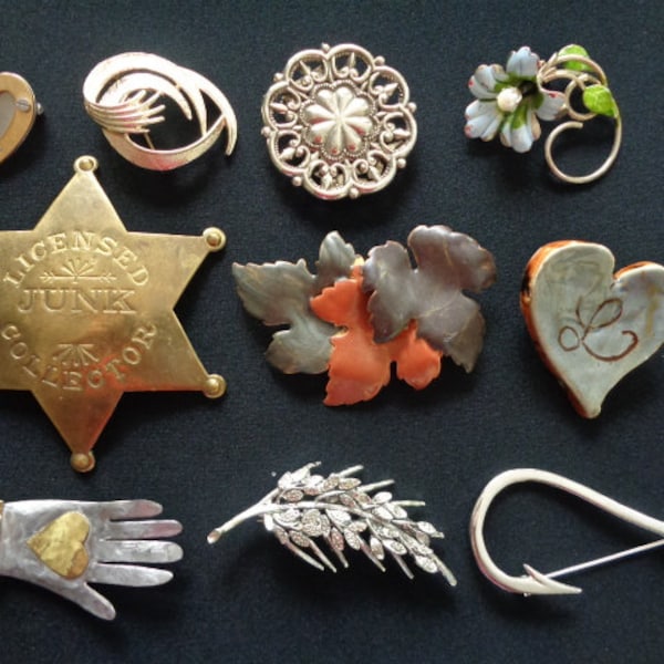 Vintage 10 Piece Lot All Kind of Jewelry Brooches Pin Gold Silver Tone Metal Enamel Flower Leaf Heart Sheriff Star Hand Fish Hook Brooch Pin