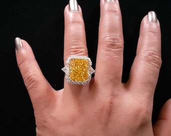 Stunning 925 Sterling Silver Radiant Cut 11 Carat Fancy Vivid Yellow Canary Simulated Diamond AAA Cubic Zirconia Gemstone Engagement Ring 7