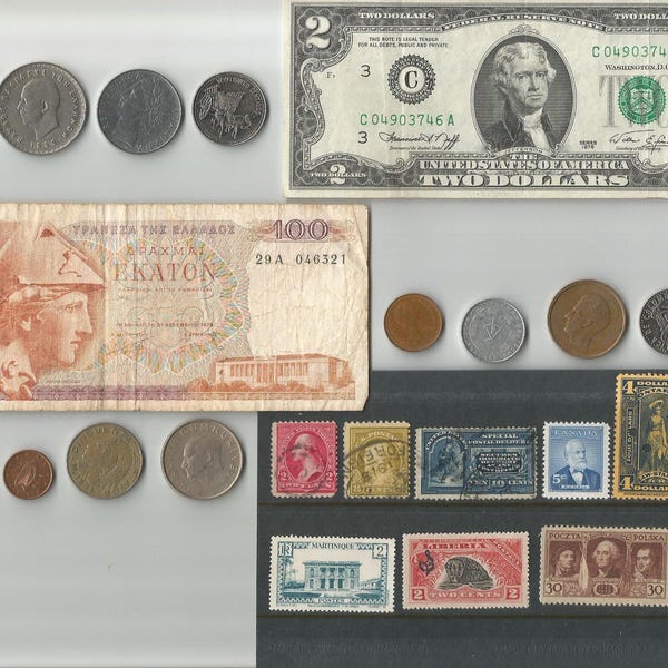 25 item Collectibles Lot Collection with 2 Banknotes including US 1976 2 Dollar Bill also Canada 4 dollar Stamp and more Buy Online