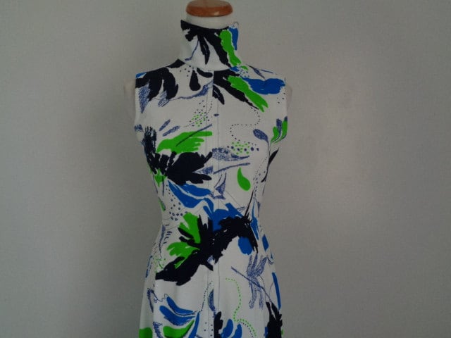 Vintage Union Made Ilgwu Pretty High Neck Turtleneck Full Length White Deep Blue Green Watercolor Abstract Motif Print Sleeveless Dress Gown