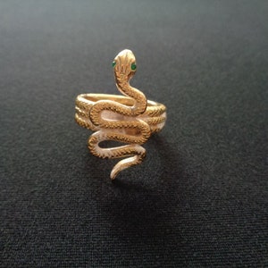 Gorgeous Vintage Yellow Gold Tone Serpent Coiled Snake Ring W/ White Enamel & Emerald Green Crystal Eye Adjustable 6 7 Beautifully Detailed