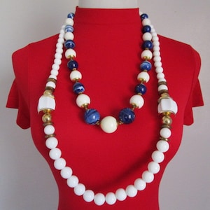 Vintage 2 Lot Beaded Necklaces White & Blue Plastic Lucite Beads 1 Dauplaise Necklace Gold Tone Accents Fabulous Bright Bold Summer Jewelry