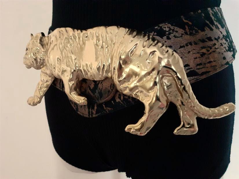 Vintage Tiger Belt Buckle Gold Tone Black Enamel Figural Green Eye Prowling ✨ LALOON Exclusive Design Gold Tone Sculpture Figural Wild  main image 3