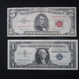2Pc Lot American Paper Money collection 1963 5 Dollar Bill Red Seal Note and 1957  One Dollar Silver Certificate Old US Currency Men's Gifts