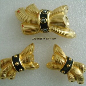 Divine Luxe FENDI ITALIEN Parure Set 18K gult guldpläterad hematit svart pärla emalj grenar löv design halsband örhängen och brosch nål bild 7