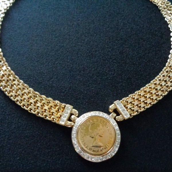 PANETTA Jewelry Yellow Gold Plated Metal Woven Mesh Chain With Diamonique Crystal Accents Queen Elizabeth II Dei Gratia Regina Coin Necklace