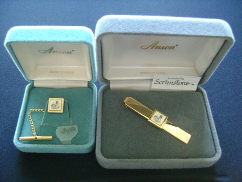 ANSON Accessories Lighthouse Motif Tie Tacks Tie Bar Clip Clasp Set Yellow Gold Plated Genuine Authentic Scrimstone Men/'s Casual Office Wear