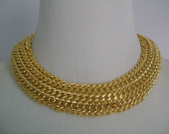 240.2g ANNE KLEIN Couture Rich Brilliant Shine Finish Gold Tone Metal Five Rows Curb Links Cleopatra Runway Bold Necklace Eye Catching Piece