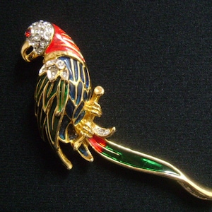 Gorgeous Vibrant Green Blue Red Enamel Embellished With Rhinestones & Red Crystal on Eye Brightly Colored Exotic PARROT Bird Brooch Pin Gold