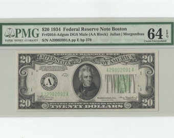 1934 20 Twenty Dollar Federal Reserve Note Boston Fr# 2054-Adgsm DGS Mule (AA Block) Julian Morgenthau PMG 64EPQ Andrew Jackson Paper Money
