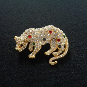 Wild Animal Cat Panther Puma Jaguar Yellow Gold Tone With Pave Sparkly Clear Blue Green Red Rhinestones Crystal Accents Brooch Pin Jewelry