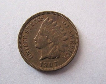 Antique Old 1907 Indian Head Penny One Cent US American Coin Circulated Historical Item from the early 20th Century Nice Gift for Collector