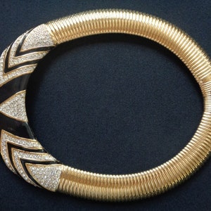 NINA RICCI Haute Couture Runway Omega Chain Gold Tone Black Enamel Diamante Crystal Necklace Art Deco Tribal Style Geometric Designs Jewelry
