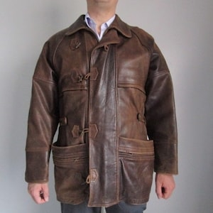Designer Vintage CARVEN Paris Brown Distressed Style Cuir Leather Jacket Coat Men&#39;s Clothing Size 52 XL Heavy Very Well Made Superb Quality
