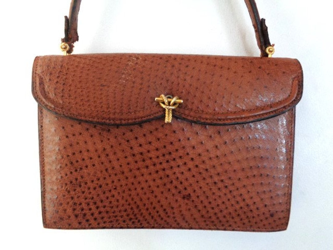 MINT. Vintage BALLY genuine ostrich leather orange brown handbag