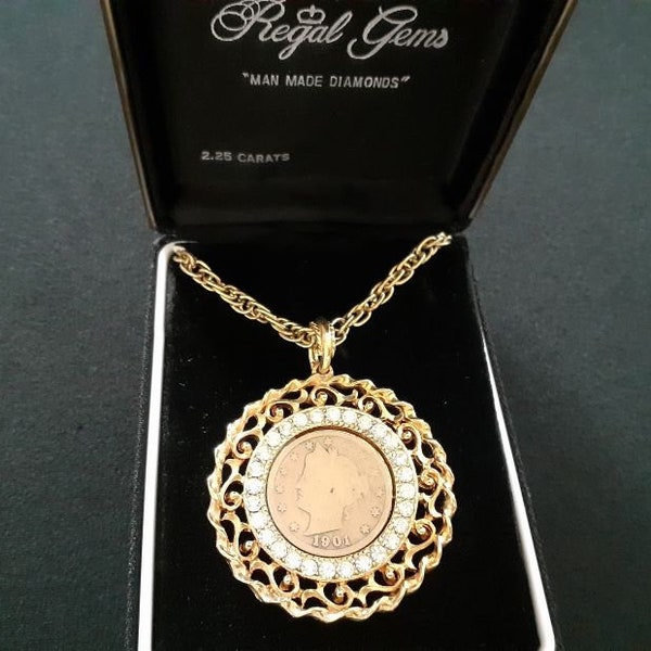 1901 Liberty Head V Nickel 5 Cent Piece Gold Plated Coin Pendant Man Made Diamonds CZ Zirconia Accents Chain Necklace Jewelry Regal Gems Box