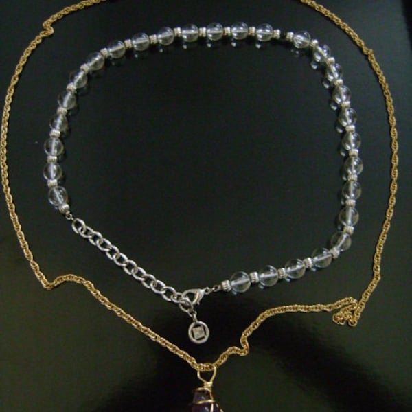 Elegant Vintage GIVENCHY Silver Tone W/Clear Lucite Crystal Ball Beaded Adjustable Simple Necklace Plus BONUS Avon Amethyst Pendant Necklace