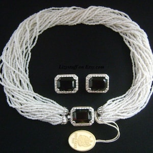 NINA RICCI Paris White Glass Beads Emerald Cut Onyx Cabochon Rhinestones 24-Strands Fancy Silver Clasp Versatile Torsade Necklace & Earrings