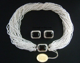 NINA RICCI Paris White Glass Beads Emerald Cut Onyx Cabochon Rhinestones 24-Strands Fancy Silver Clasp Versatile Torsade Necklace & Earrings