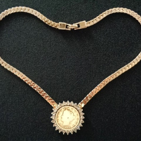 Classic PANETTA Jewelry Gold Tone W/ 1904 Liberty Head Replica Coin & Faux Diamond Crystal Accents Center Pendant Herringbone Chain Necklace