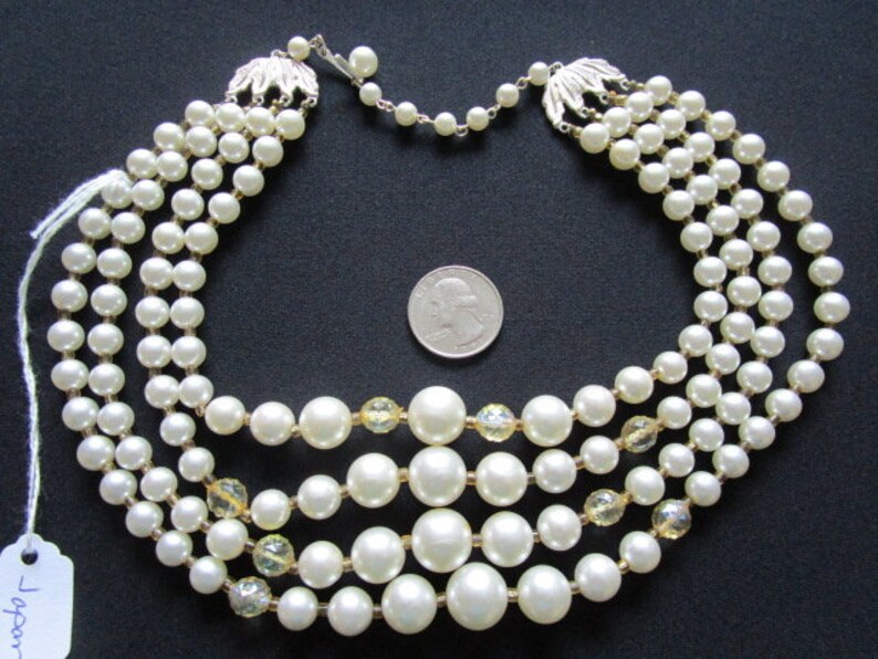 JAPAN Multi-Strand White Luster Faux Pearls /& Clear Orange Spacer Lucite Beads Elegant Silver Tone Leaves Leaf Design Clasp Layered Necklace