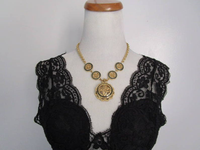 Fabulous Vintage Jewelry Gold Chain W Olive Green Colored Enamel Accent Monogram Monogrammed Designs Dangle Drop Medallion Pendant Necklace