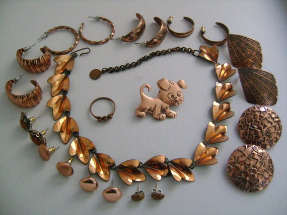 Lot 13 Pcs of Vintage 70s 80s Accessories Jewelry All COPPER Pierced clip on Back Earrings Necklace Brooch pin Ring Varieties of Styles size Etsy