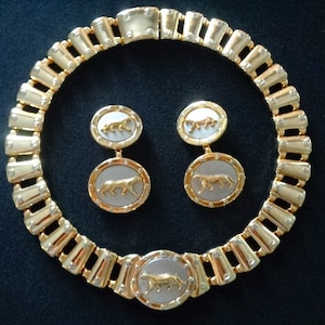 Striking Modern-Vintage Gold Tone & Silver Pewter Color Metal Walking Jaguar Panther Puma Wild Jungle Cats Collar Necklace Earrings Jewelry