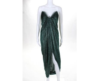 Vintage Hollywood Glam Forest Green W/Sequin &Piping Silver Metallic Strapless Sweetheart Neckline Slit Front Gown Sexy Seductive Dress Sz 4