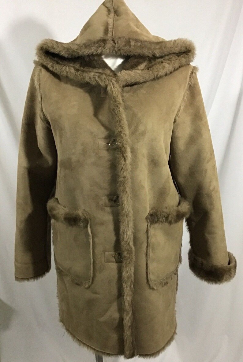 Stylish Dennis Basso Brown Faux Mink Fur Suede Reversible Hooded Parka Jacket Women/'s Warm Winter Cold Weather Outerwear Knee Length Coat SM