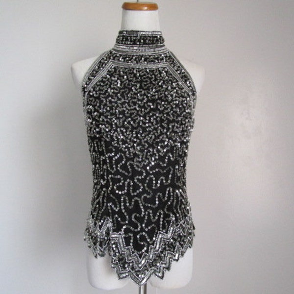 Robe Vintage Laurence Kazar Noire à Paillettes - Manches Longues En Soie - Taille M