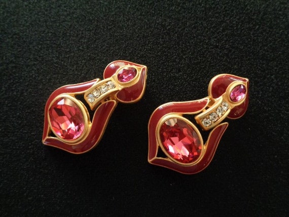 Elegant Red Wine Color Enamel & Faceted Oval Cut … - image 2