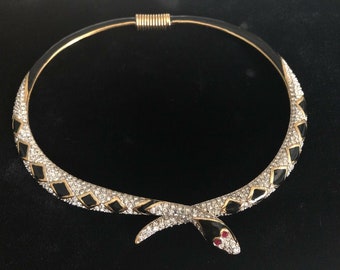 Amazing Vintage D'Orlan Jewelry Exotic Snake Choker Necklace Yellow Gold Tone With Black Enamel Sparkles Clear Rhinestone Red Crystal on Eye