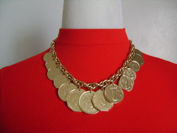 Fabulous Vintage Dangling Coin Charm Necklace 14 … - image 1