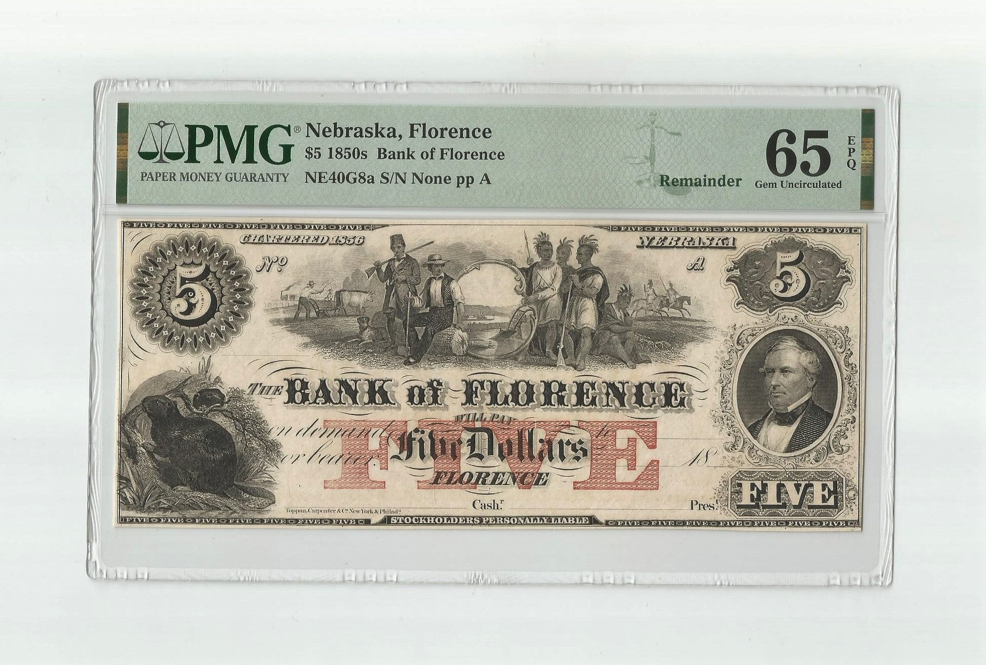 1850s Five Dollar Bank of Florence Nebraska Territory PMG 65EPQ