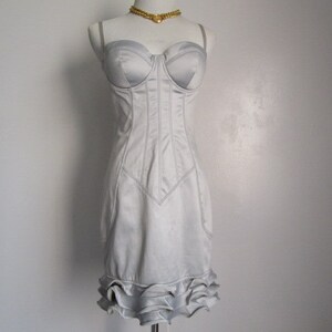 Georges Marciano by Guess Grey Silver Color Bustier Corset Bodycon Spaghetti Strap Dress With Layered Ruffle Hem Elegant and Sexy Size 6 S M