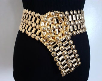 Cinturón con hebilla de metal dorado adornado de 379 g con doble cadena de libro en relieve, estilo victoriano, ancho y espectacular, de 34" de largo