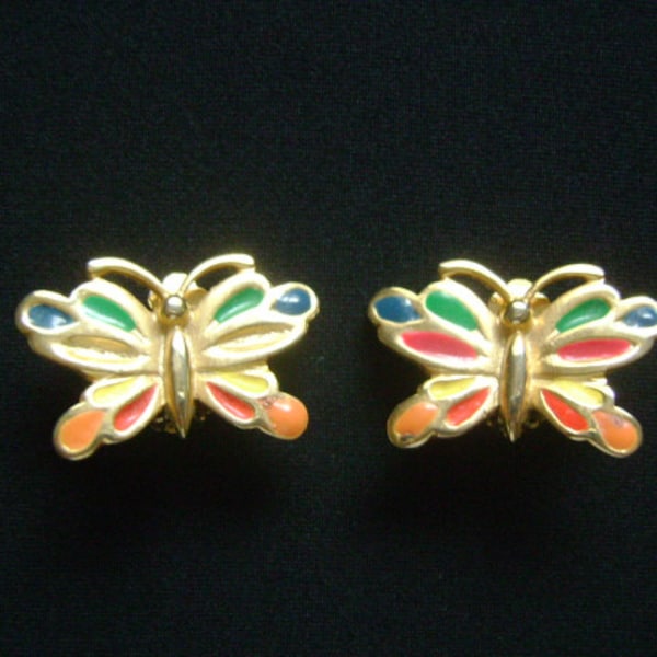 Vintage Mimi Di N Princess Mimi di Niscemi Jewelry Lovely Butterfly Butterflies Clip Earrings Gold Tone Metal W/Green Blue Red Salmon Enamel