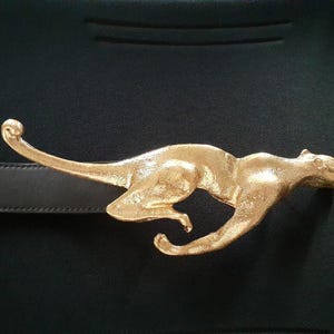Wild Jungle Animal Figural Cat Jaguar Panther Running Cheetah Buckle Brushed Finish Gold Tone Free Black Belt UNISEX Man Woman Accessories