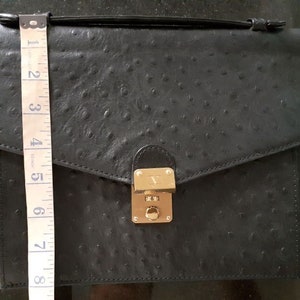 May include: A black ostrich leather briefcase with a gold lock and clasp. The briefcase has a flap closure and a handle.