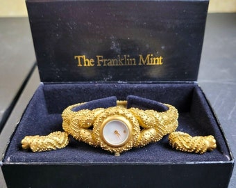 FM 1988 The Franklin Mint Mary McFadden Cuff Bangle Watch Bracelet & Matching Earrings Textured Nubby Gold Plated Etruscan Byzantine Jewelry