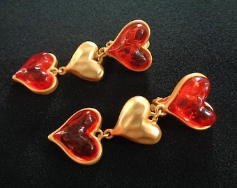 Fabulous ESCADA Matte Finish Gold Tone Metal Red Color Resin Glass Puffed Heart Drop Clip Earrings Romantic Valentine's Day Designer Jewelry