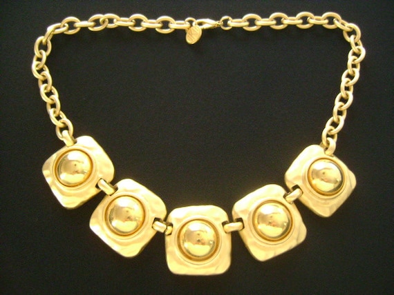 Chunky Modern vintage AK Anne Klein Bold Brushed Matte Finish Gold Tone Square Shiny Dome Center Chain Necklace Runway Style Fashion Jewelry Etsy