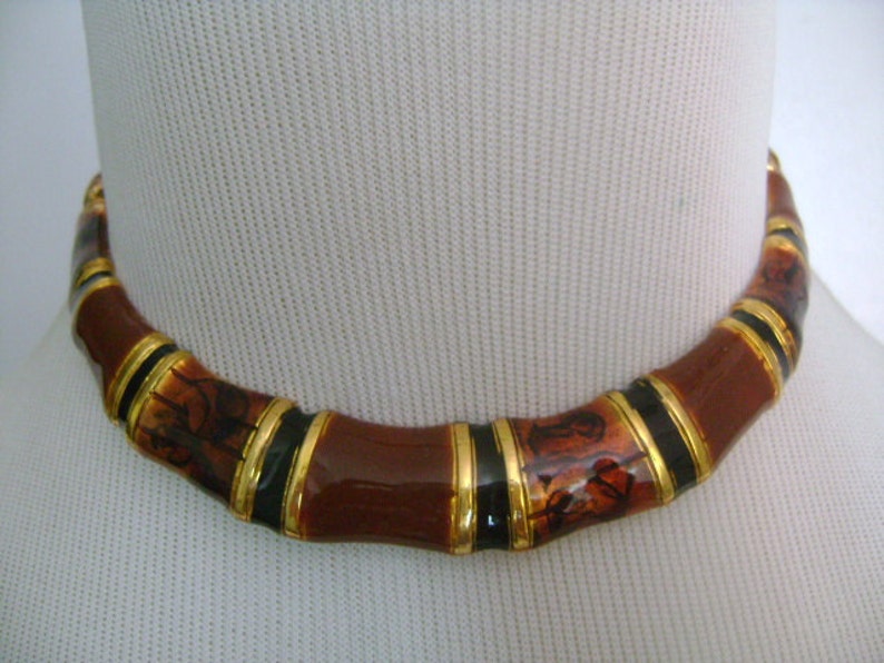 Goldtone Enameled Fall Autumn Colors Golden Brown Black Enamel Hinged Very Slim Small Choker Collar Silhouette Necklace 13Long Weight 62.6g
