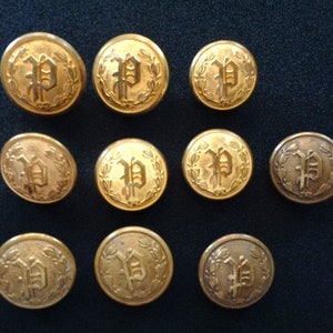 Antique Superior Quality Made in England Brass Metal Lot 10pc Police Officer Department Uniform Jacket Coat Buttons P Monogram Laurel Wreath