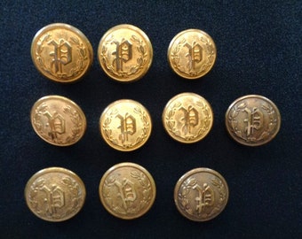 Antique Superior Quality Made in England Brass Metal Lot 10pc Police Officer Department Uniform Jacket Coat Buttons P Monogram Laurel Wreath