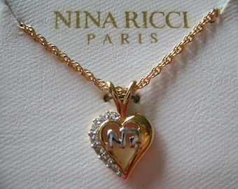 Lovely NINA RICCI NR Logo Original Box Gold Plated Tiny Chain W/Rhinestone Heart Shape Pendant Charm Necklace Perfect For Woman Teenage Girl
